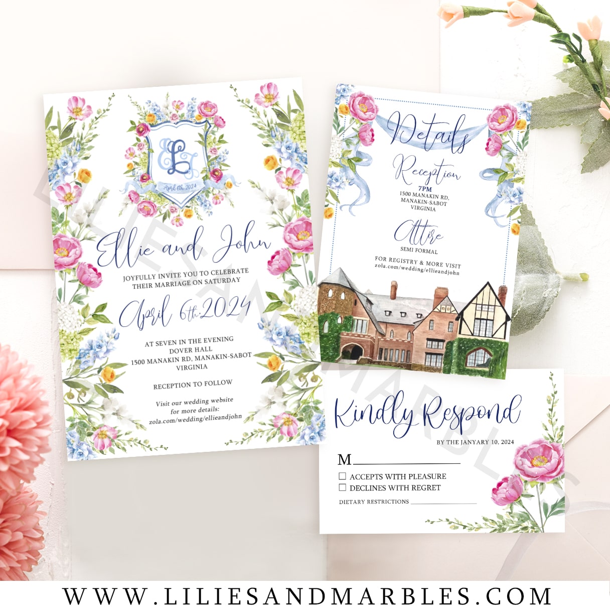 Custom Watercolor Wedding Invitation Suite Invitation RSVP Details