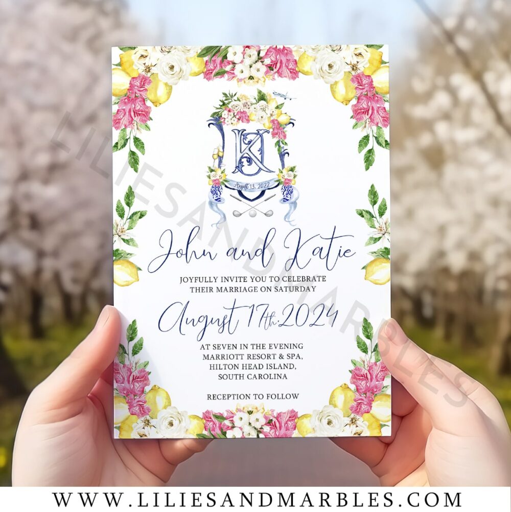 Custom Watercolor Crest Wedding Invitation