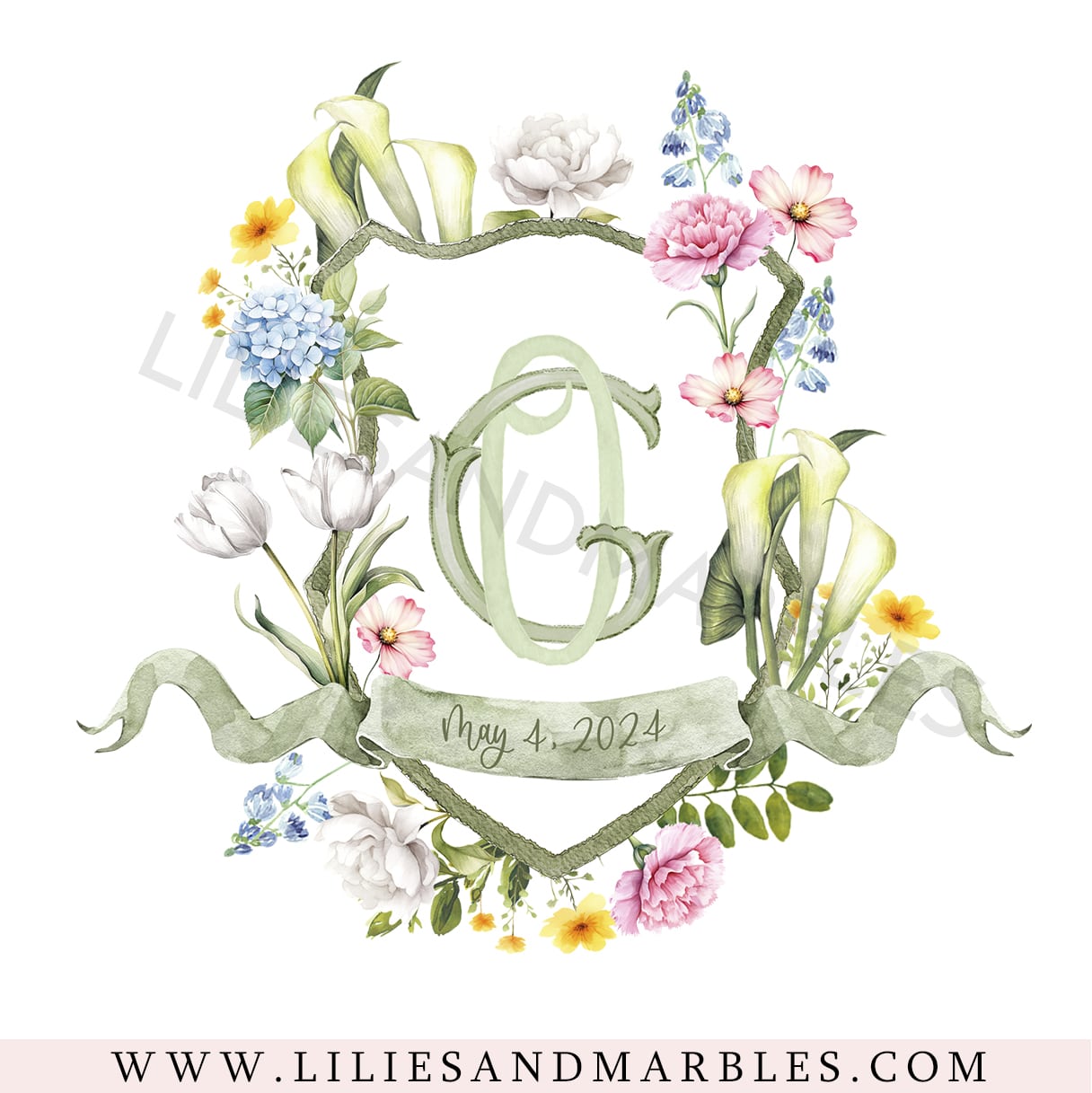 Custom Wedding Crest, Watercolor Wedding Crest, Personalized Wedding Crest, Custom Wedding Logo, Wedding Logo Monogram, Watercolor, Lilies And Marbles,