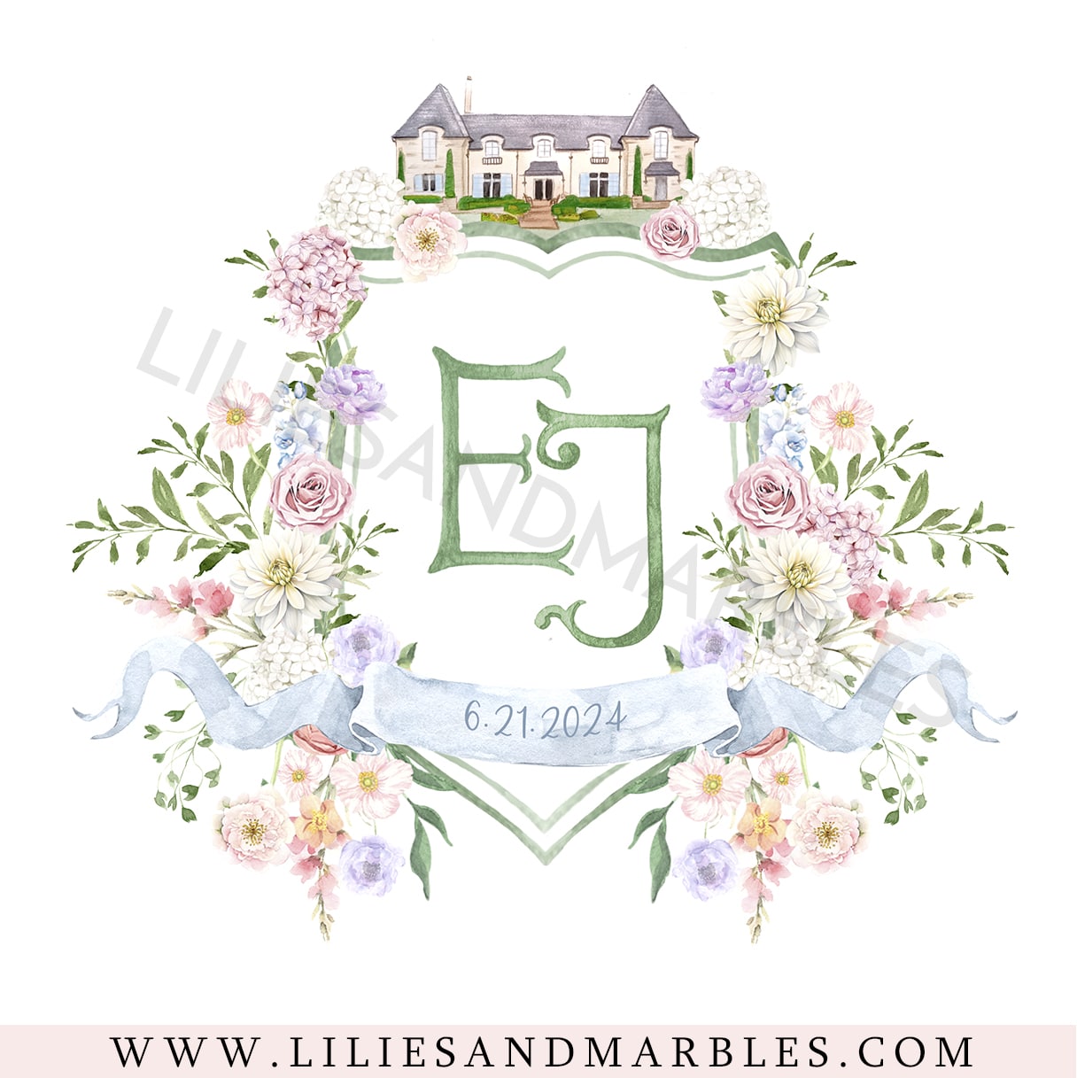 Custom Wedding Crest, Watercolor Wedding Crest, Personalized Wedding Crest, Custom Wedding Logo, Wedding Logo Monogram, Watercolor, Lilies And Marbles,