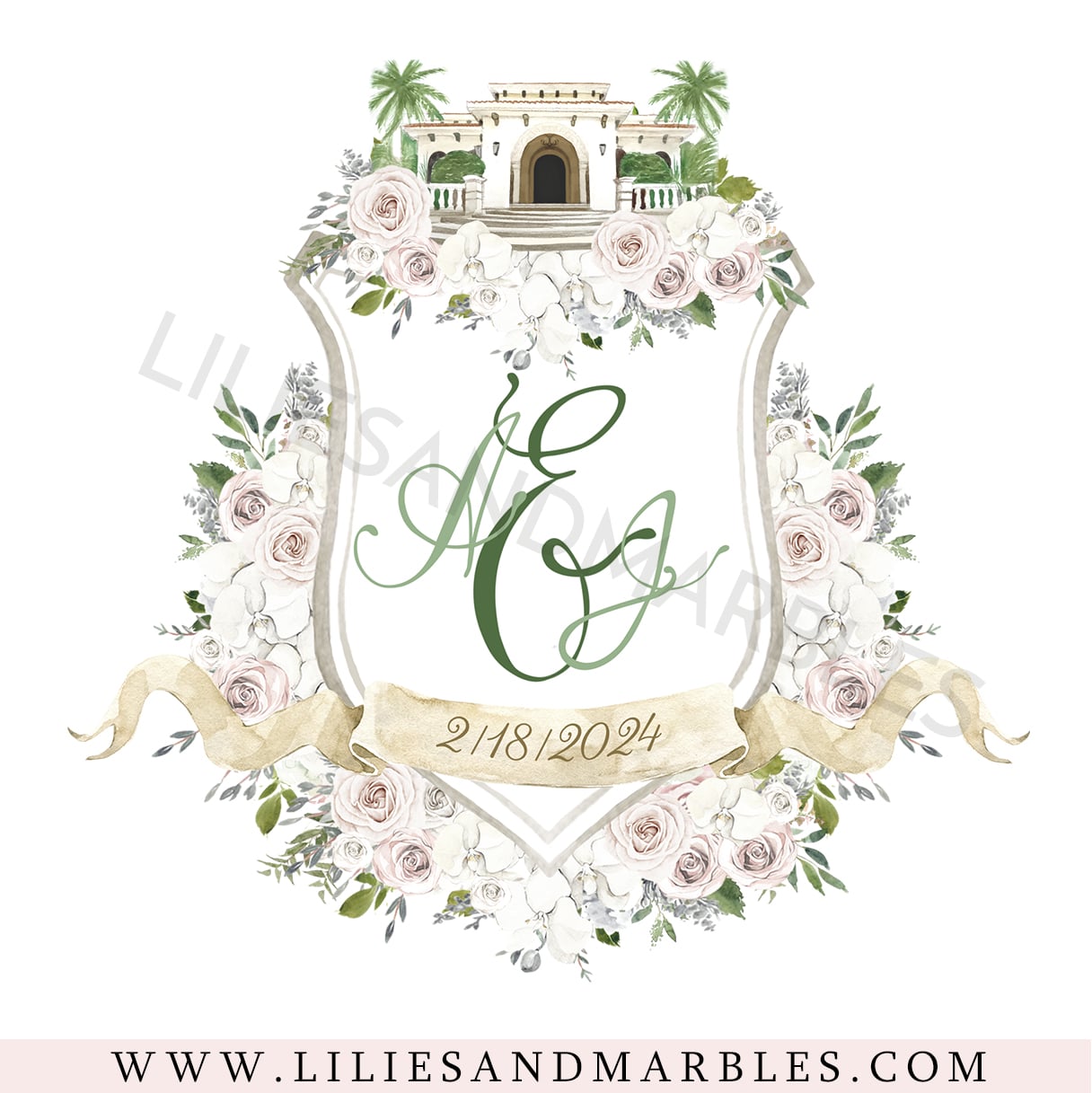 Custom Wedding Crest, Watercolor Wedding Crest, Personalized Wedding Crest, Custom Wedding Logo, Wedding Logo Monogram, Watercolor, Lilies And Marbles,