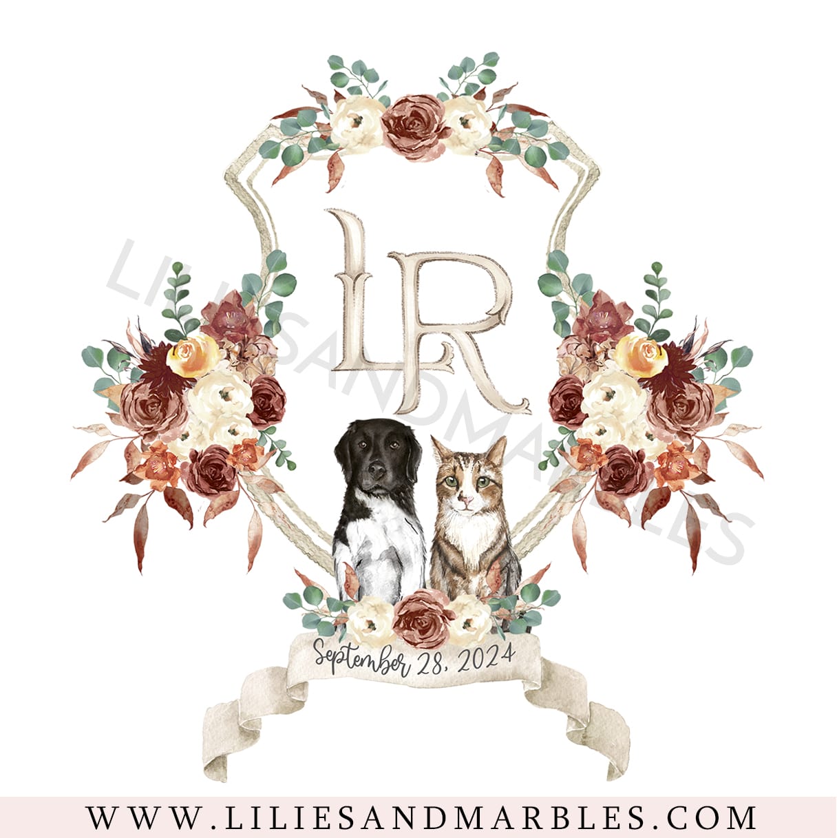 Custom Wedding Crest, Watercolor Wedding Crest, Personalized Wedding Crest, Custom Wedding Logo, Wedding Logo Monogram, Watercolor, Lilies And Marbles,