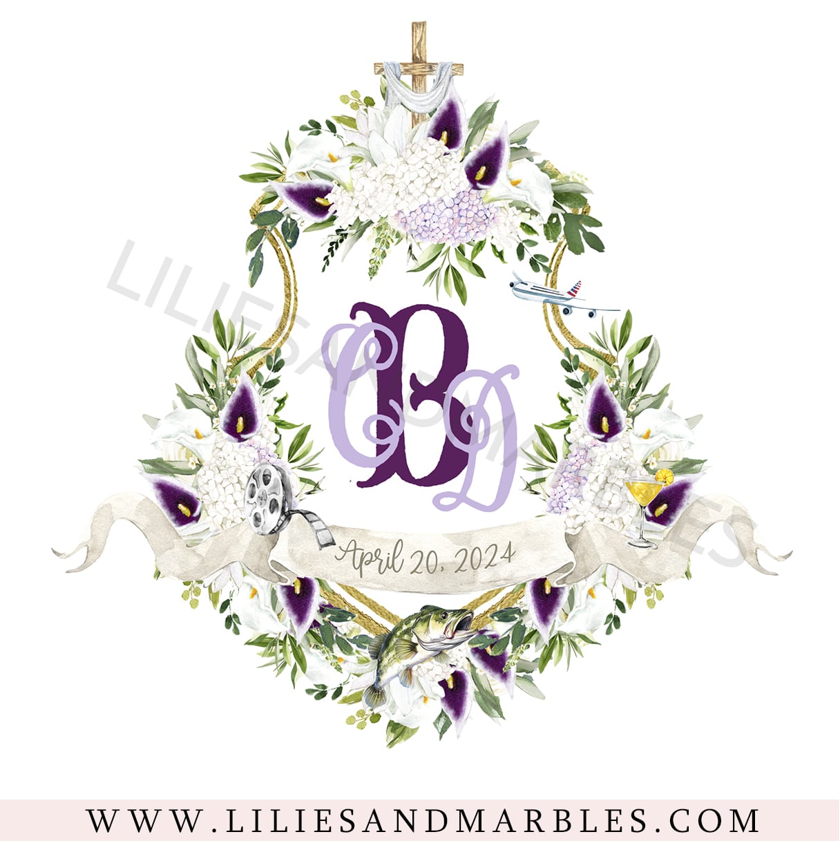 Custom Wedding Crest, Watercolor Wedding Crest, Personalized Wedding Crest, Custom Wedding Logo, Wedding Logo Monogram, Watercolor, Lilies And Marbles,