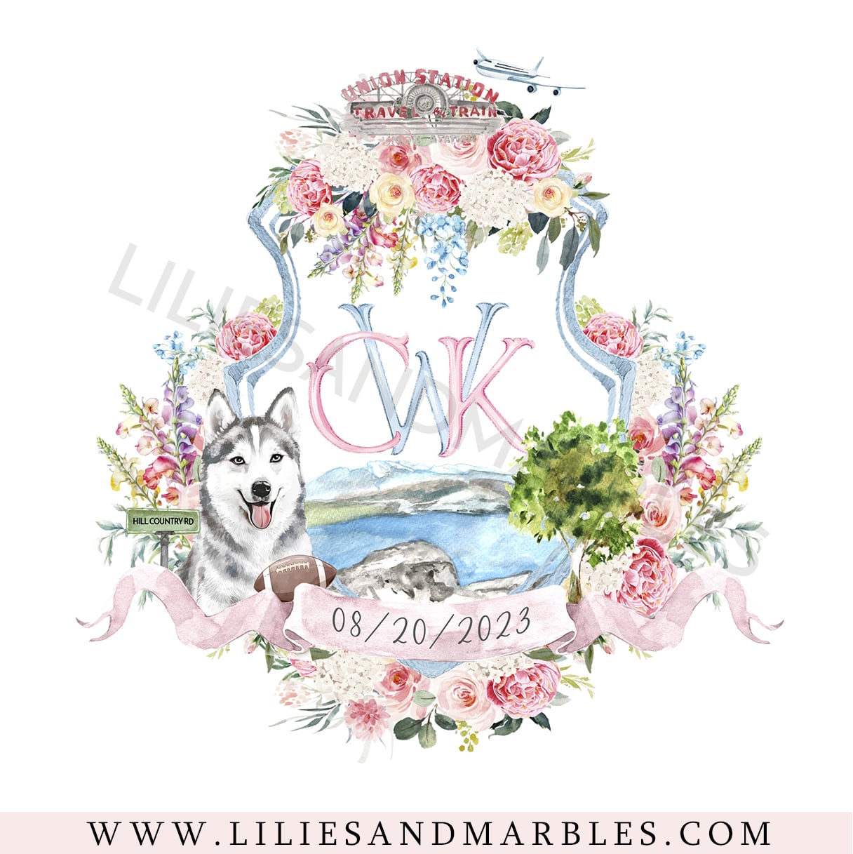 Custom Wedding Crest, Watercolor Wedding Crest, Personalized Wedding Crest, Custom Wedding Logo, Wedding Logo Monogram, Watercolor, Lilies And Marbles,
