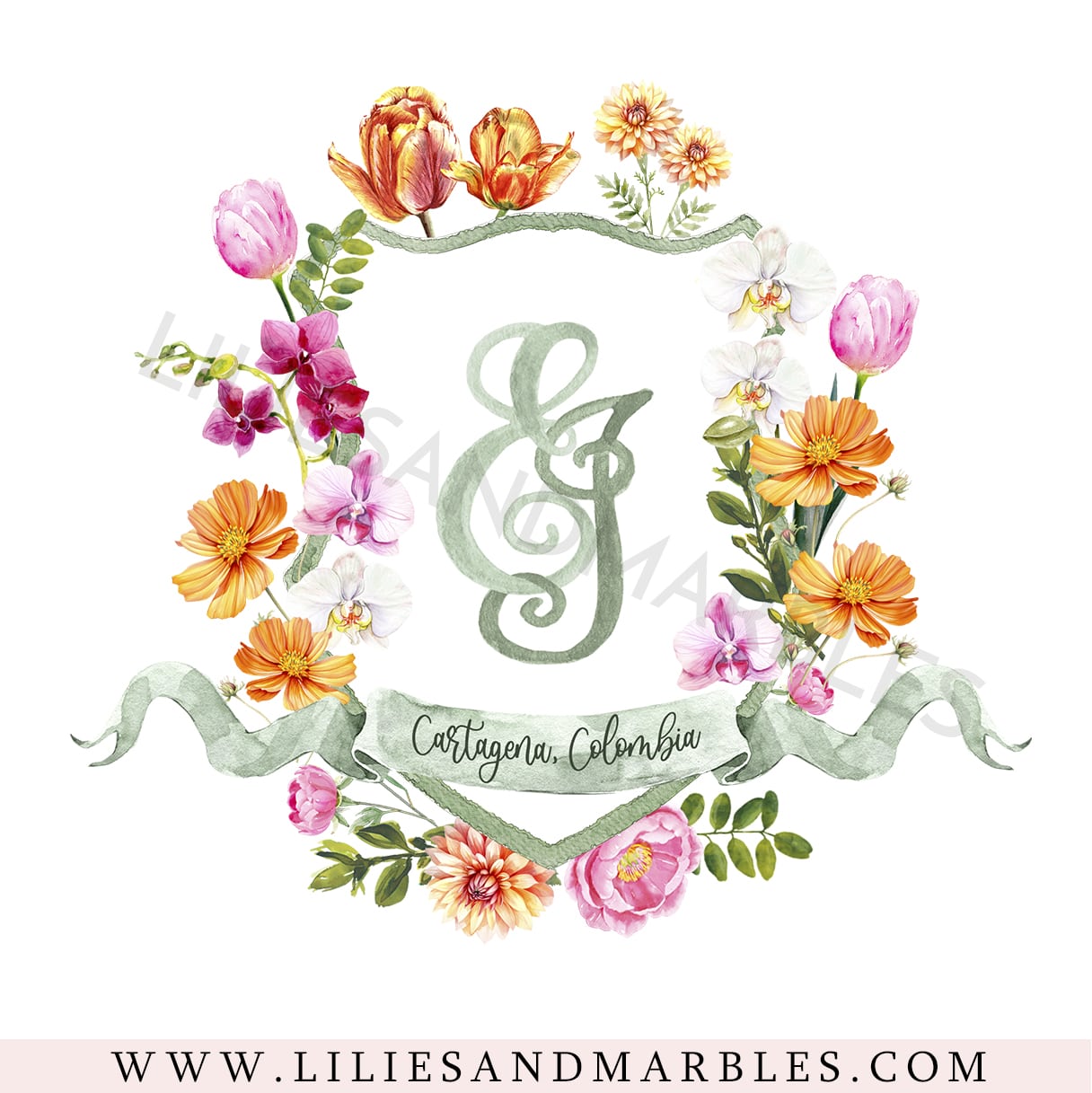 Custom Wedding Crest, Watercolor Wedding Crest, Personalized Wedding Crest, Custom Wedding Logo, Wedding Logo Monogram, Watercolor, Lilies And Marbles,