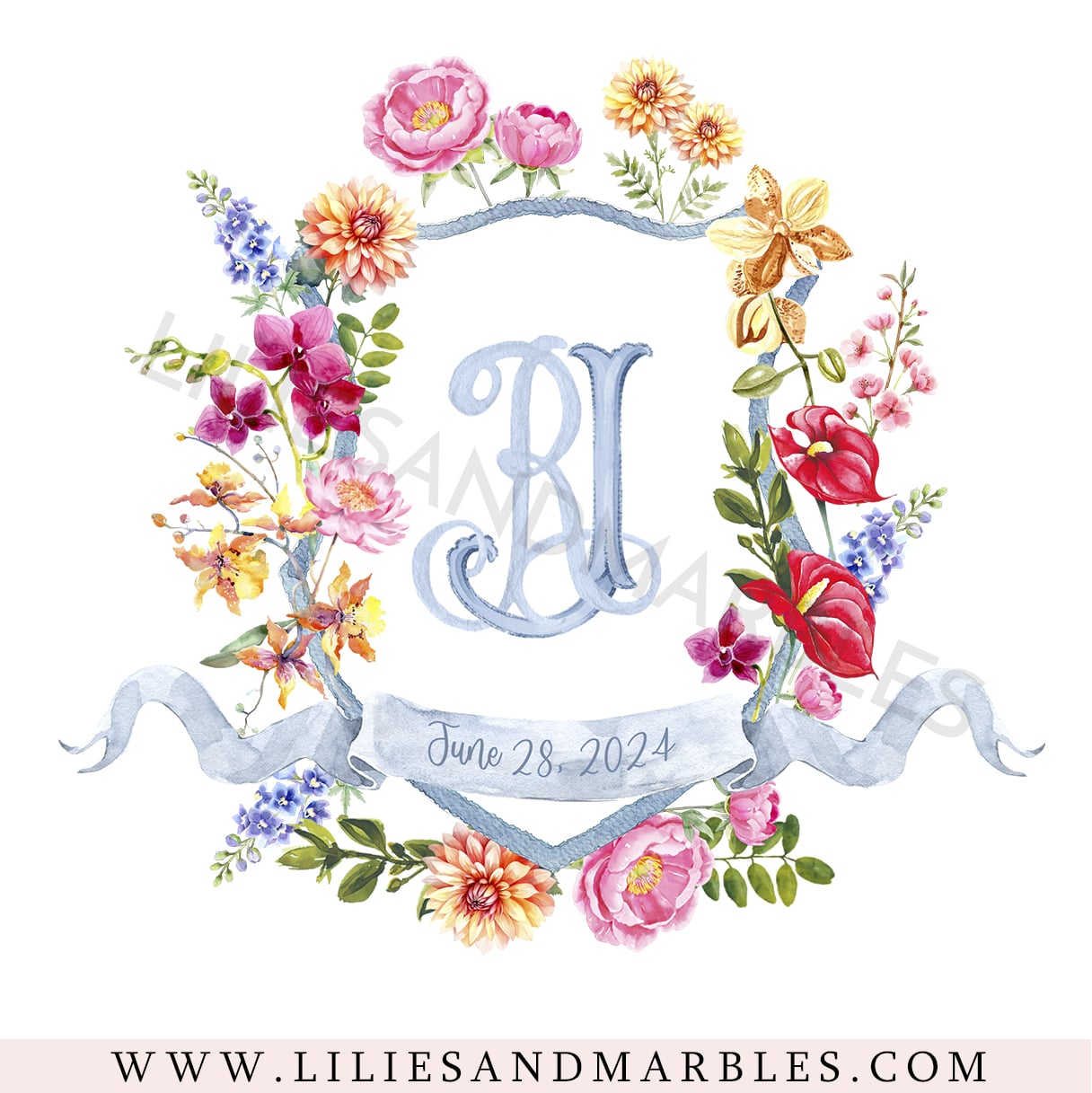 Custom Wedding Crest, Watercolor Wedding Crest, Personalized Wedding Crest, Custom Wedding Logo, Wedding Logo Monogram, Watercolor, Lilies And Marbles,