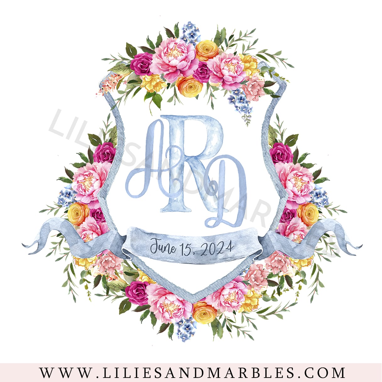 Custom Wedding Crest, Watercolor Wedding Crest, Personalized Wedding Crest, Custom Wedding Logo, Wedding Logo Monogram, Watercolor, Lilies And Marbles,