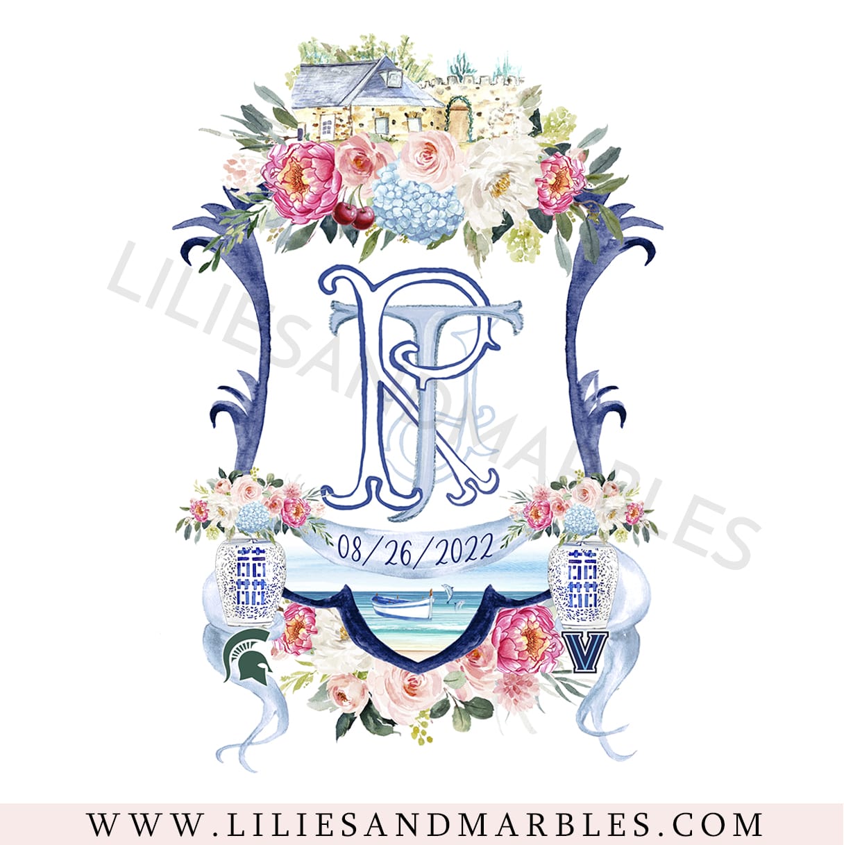 Custom Wedding Crest, Watercolor Wedding Crest, Personalized Wedding Crest, Custom Wedding Logo, Wedding Logo Monogram, Watercolor, Lilies And Marbles,