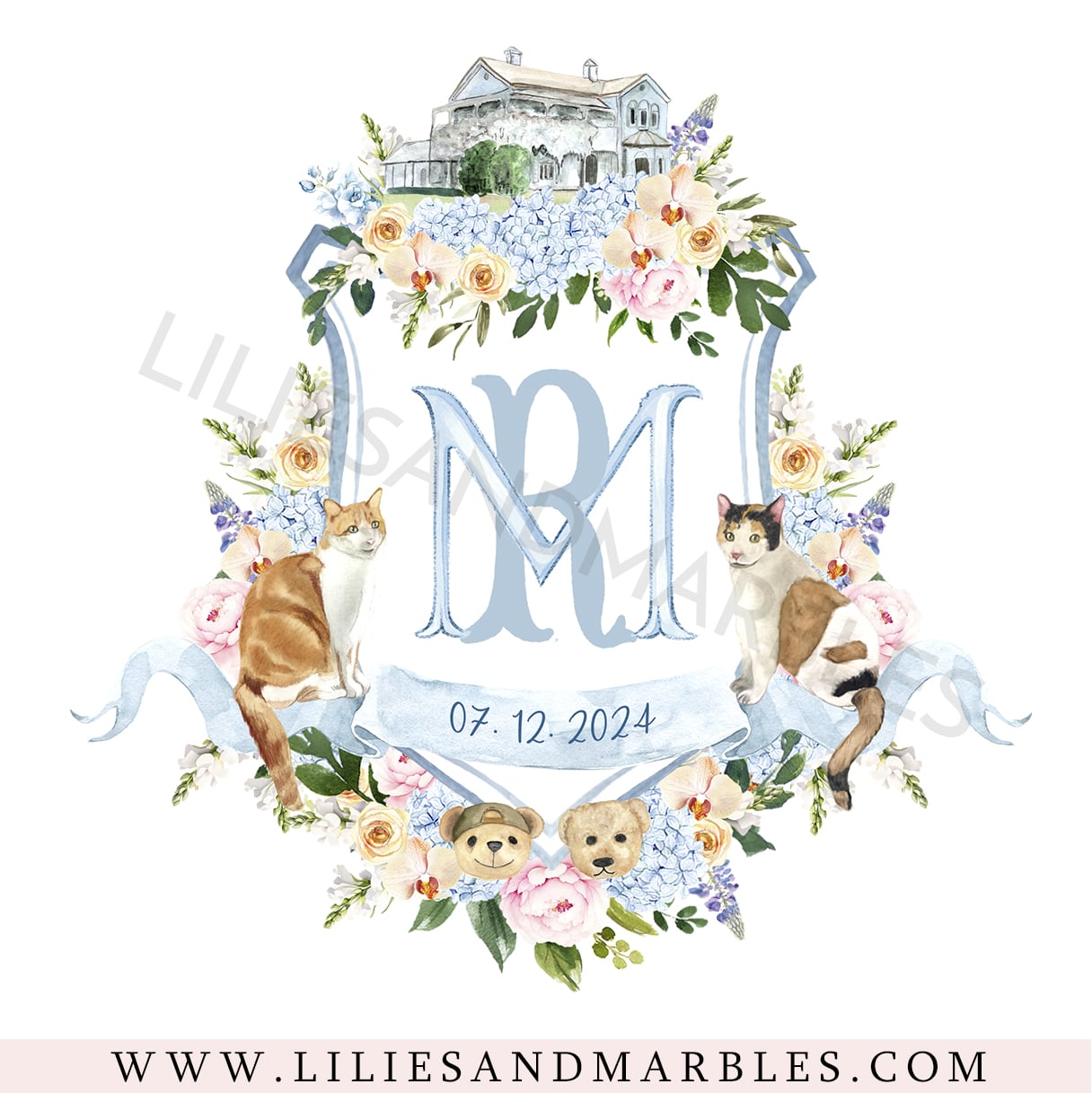 Custom Wedding Crest, Watercolor Wedding Crest, Personalized Wedding Crest, Custom Wedding Logo, Wedding Logo Monogram, Watercolor, Lilies And Marbles,