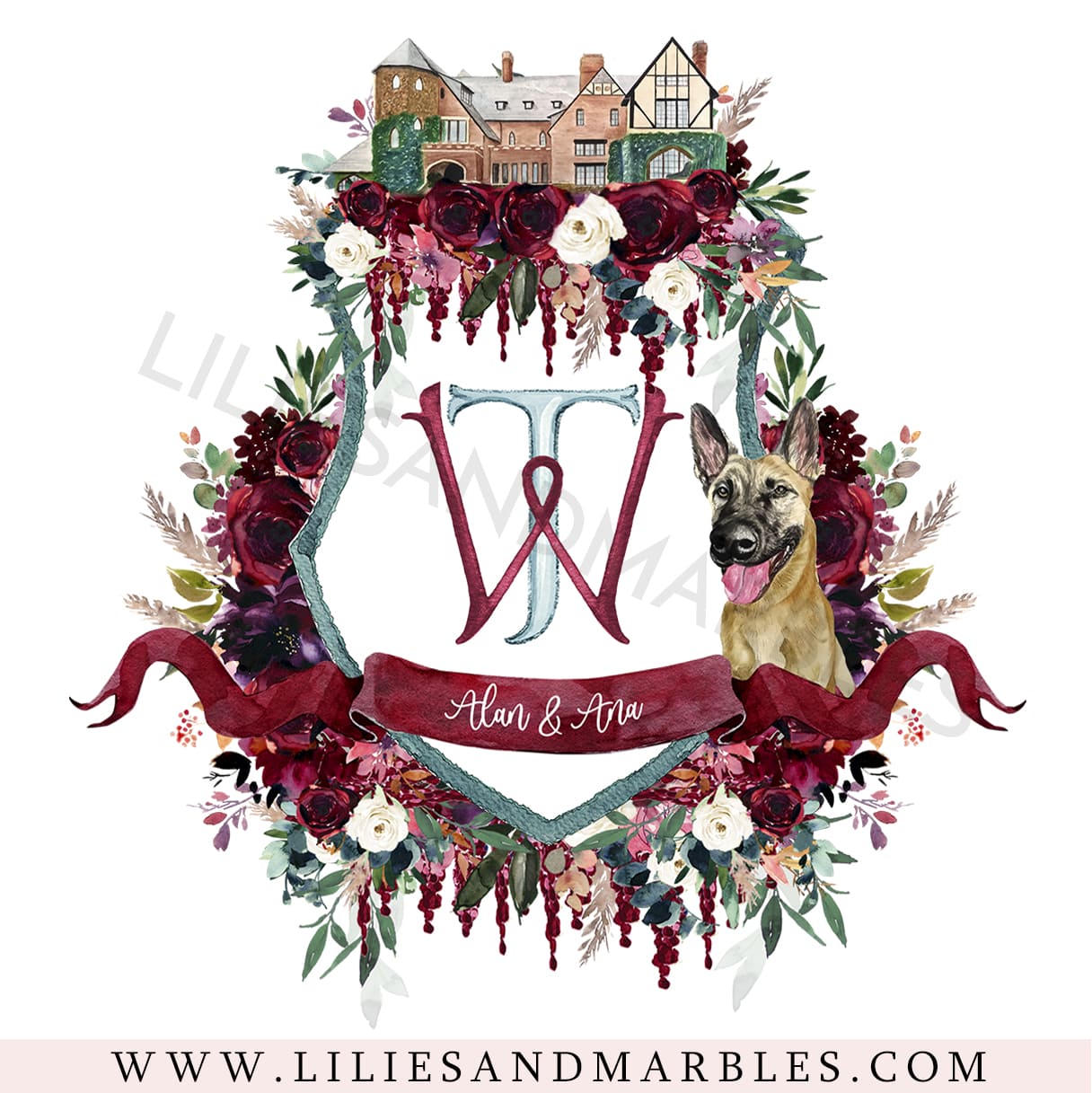 Custom Wedding Crest, Watercolor Wedding Crest, Personalized Wedding Crest, Custom Wedding Logo, Wedding Logo Monogram, Watercolor, Lilies And Marbles,