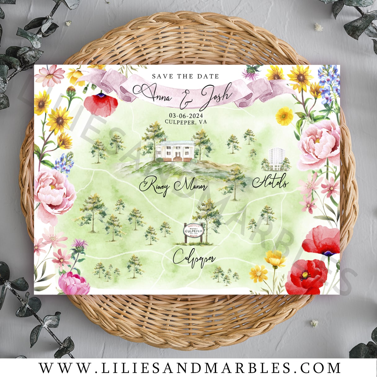 watercolor wedding map, custom watercolor wedding map, watercolor map wedding, watercolor wedding maps, lilies and marbles, 2-min