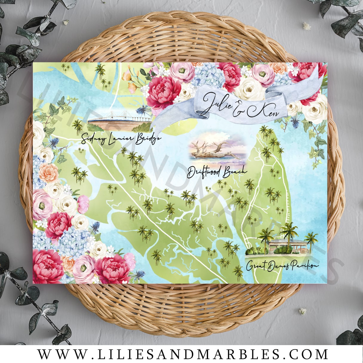 watercolor wedding map, custom watercolor wedding map, watercolor map wedding, watercolor wedding maps, lilies and marbles, 2-min