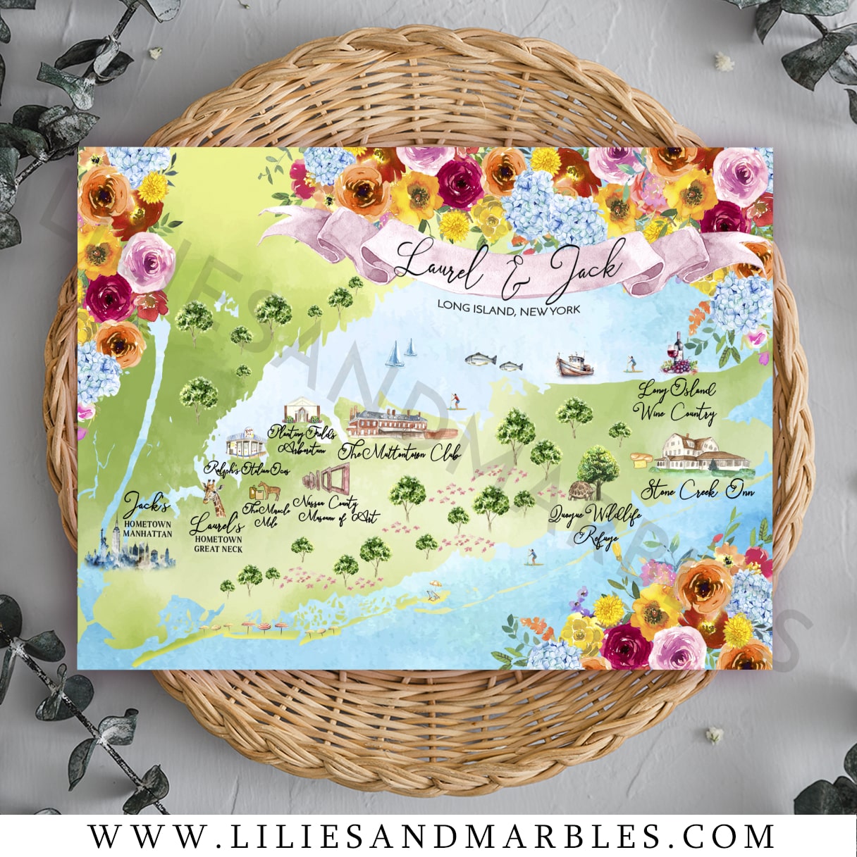 watercolor wedding map, custom watercolor wedding map, watercolor map wedding, watercolor wedding maps, lilies and marbles, 2-min