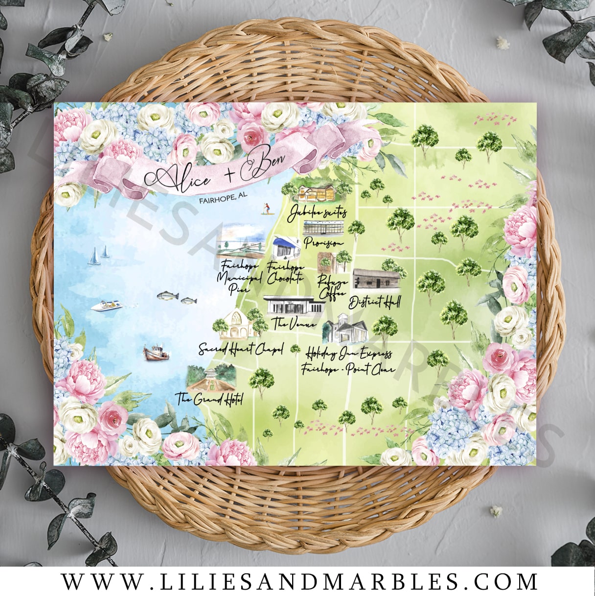 watercolor wedding map, custom watercolor wedding map, watercolor map wedding, watercolor wedding maps, lilies and marbles, 2-min