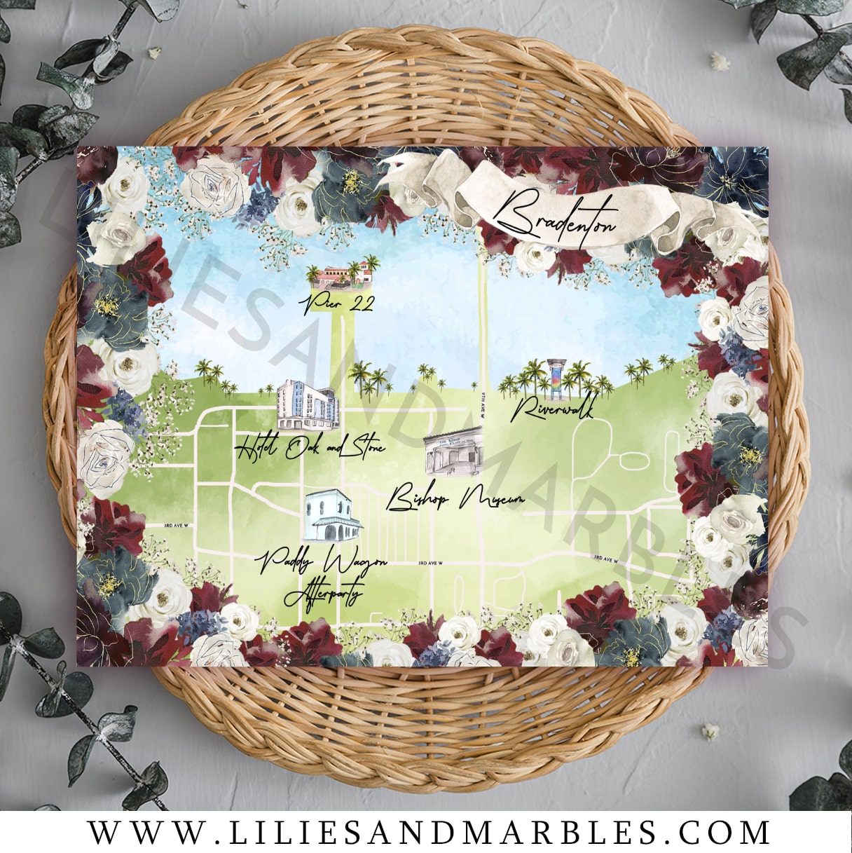 watercolor wedding map, custom watercolor wedding map, watercolor map wedding, watercolor wedding maps, lilies and marbles, 2-min