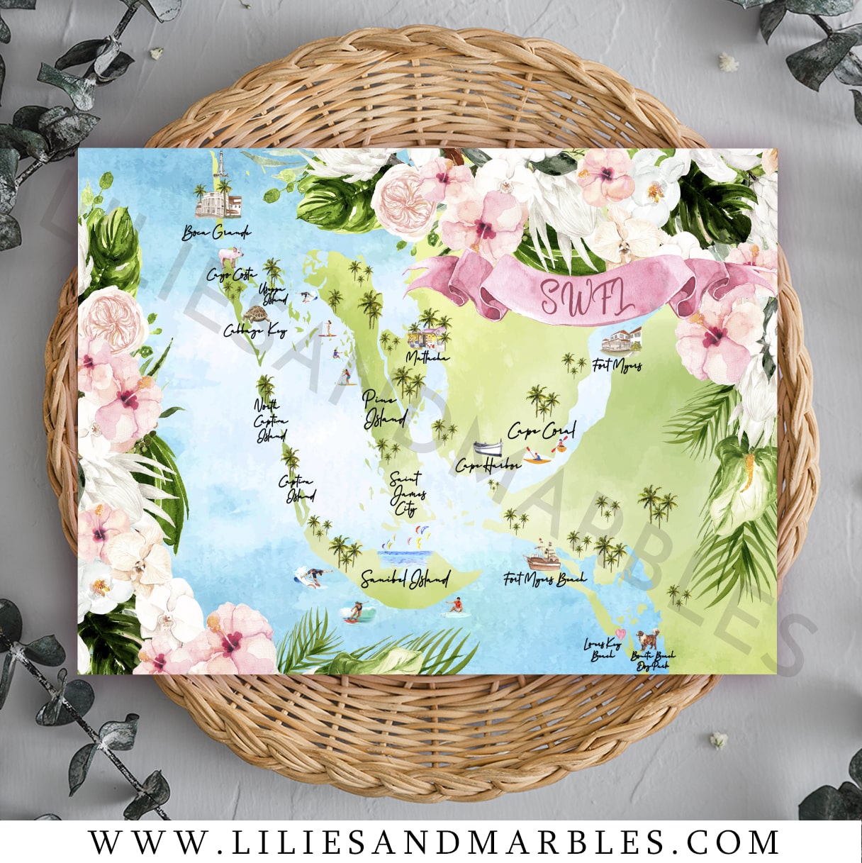 watercolor wedding map, custom watercolor wedding map, watercolor map wedding, watercolor wedding maps, lilies and marbles, 2-min
